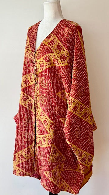 Ultra Lux Kantha Stitched Cotton Sari Split Tunic (Gold Band)