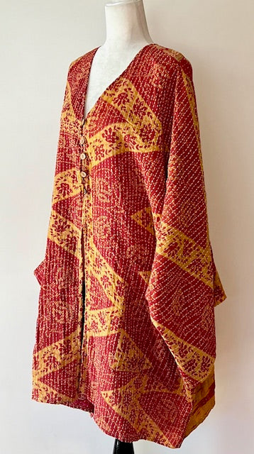 Ultra Lux Kantha Stitched Cotton Sari Split Tunic (Gold Band)