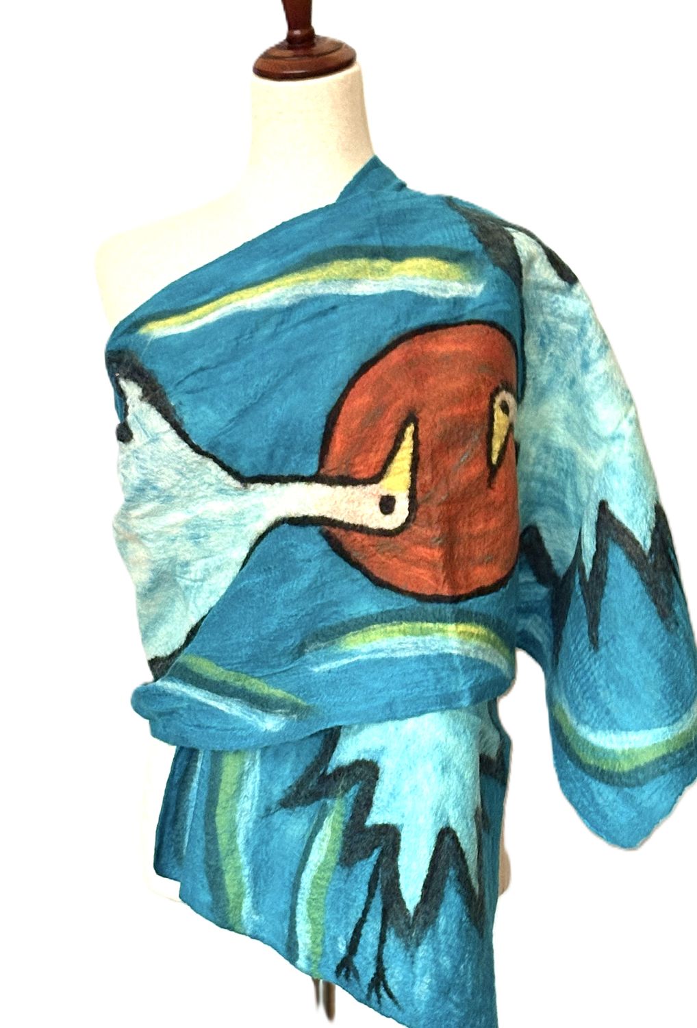 Artisan Silk And Wool Shawl Is a Purchase with a Purpose. (Cranes on Turquoise)