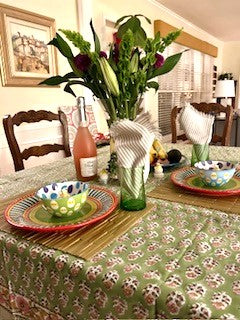 Beautifully Handcrafted Wooden Block Printed Cotton Tablecloth. (Green Pink)