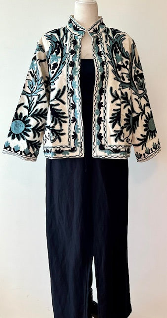 Wearable Art In This Hand Embroidered Short Jacket. (White w/ Blue/Black)