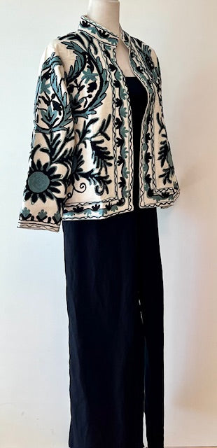Wearable Art In This Hand Embroidered Short Jacket. (White w/ Blue/Black)