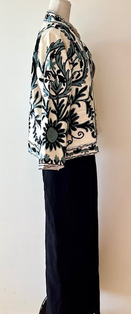 Wearable Art In This Hand Embroidered Short Jacket. (White w/ Blue/Black)