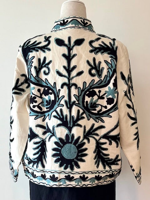 Wearable Art In This Hand Embroidered Short Jacket. (White w/ Blue/Black)
