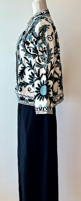 Wearable Art In This Hand Embroidered Short Jacket. (White w/ Blue/Black)
