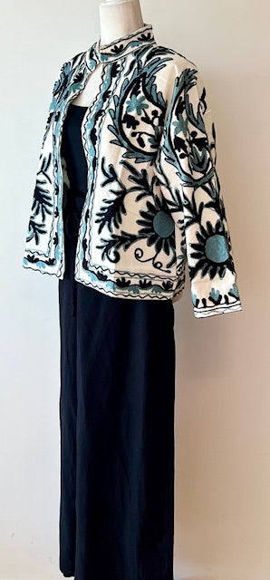 Wearable Art In This Hand Embroidered Short Jacket. (White w/ Blue/Black)