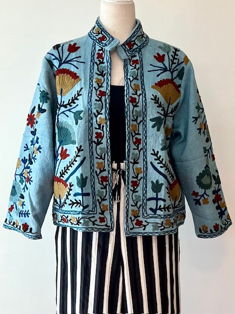 Wearable Art In This Hand Embroidered Short Jacket. (Blue)