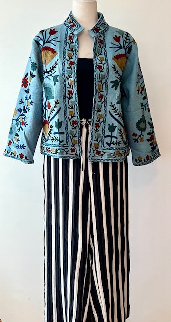 Wearable Art In This Hand Embroidered Short Jacket. (Blue)