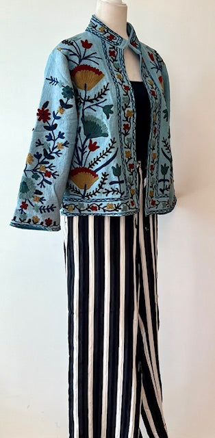 Wearable Art In This Hand Embroidered Short Jacket. (Blue)