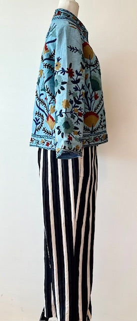 Wearable Art In This Hand Embroidered Short Jacket. (Blue)
