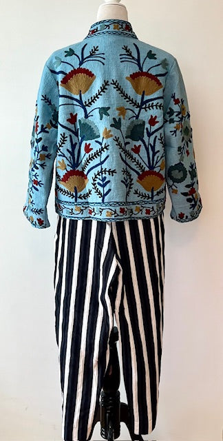 Wearable Art In This Hand Embroidered Short Jacket. (Blue)
