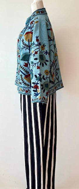Wearable Art In This Hand Embroidered Short Jacket. (Blue)