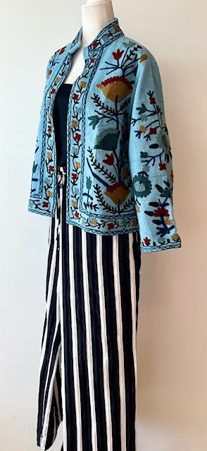 Wearable Art In This Hand Embroidered Short Jacket. (Blue)