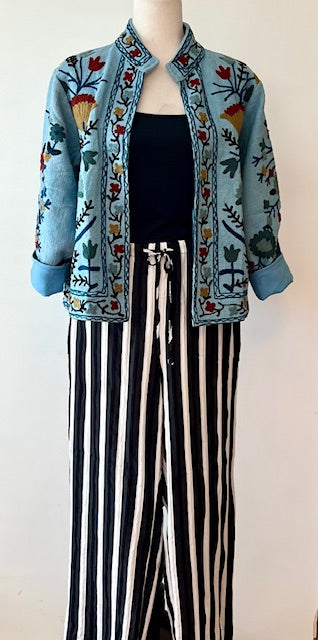 Wearable Art In This Hand Embroidered Short Jacket. (Blue)