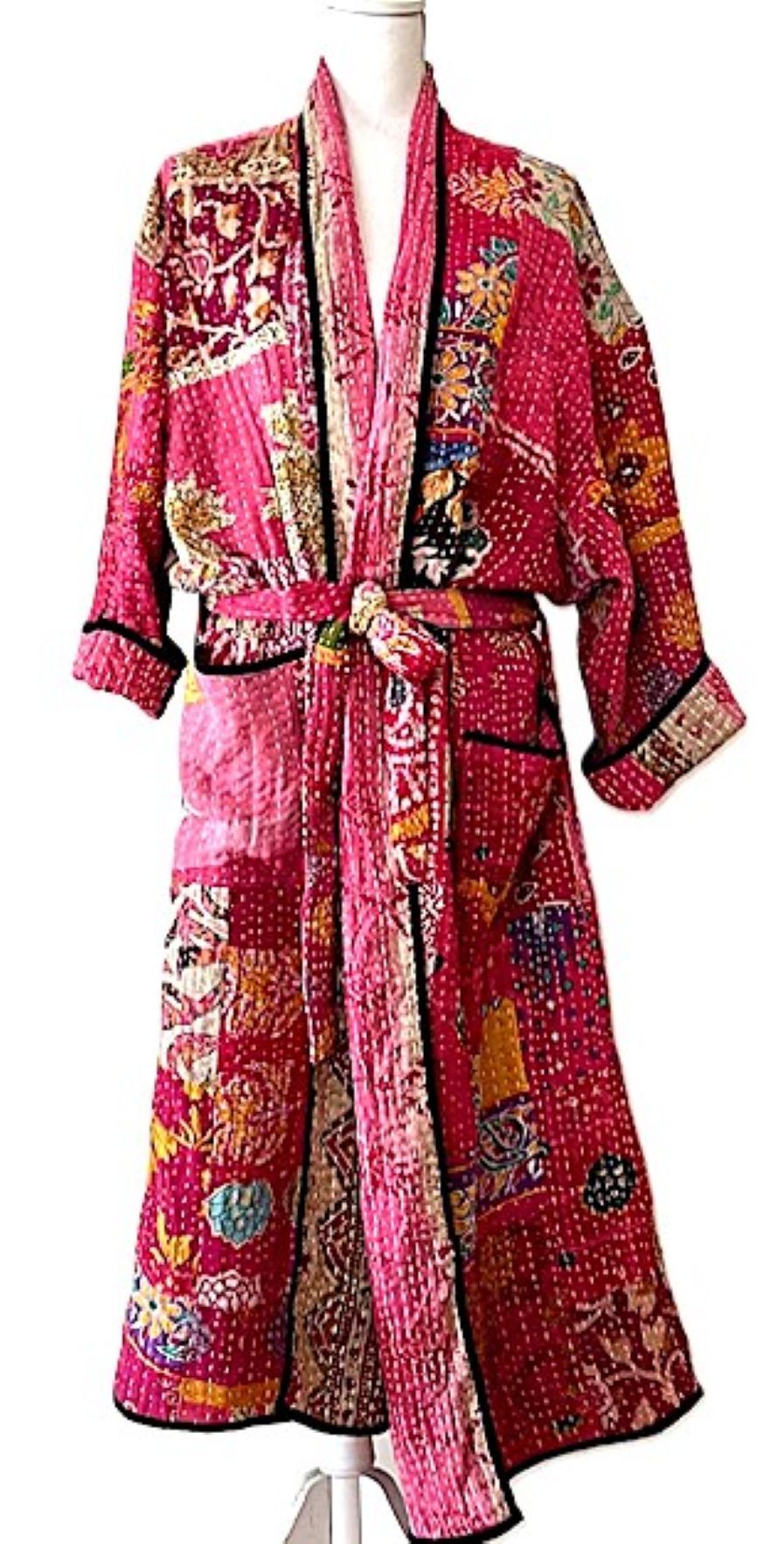 Long Patchwork Cotton Kimono With Kantha Embroidery. Pink