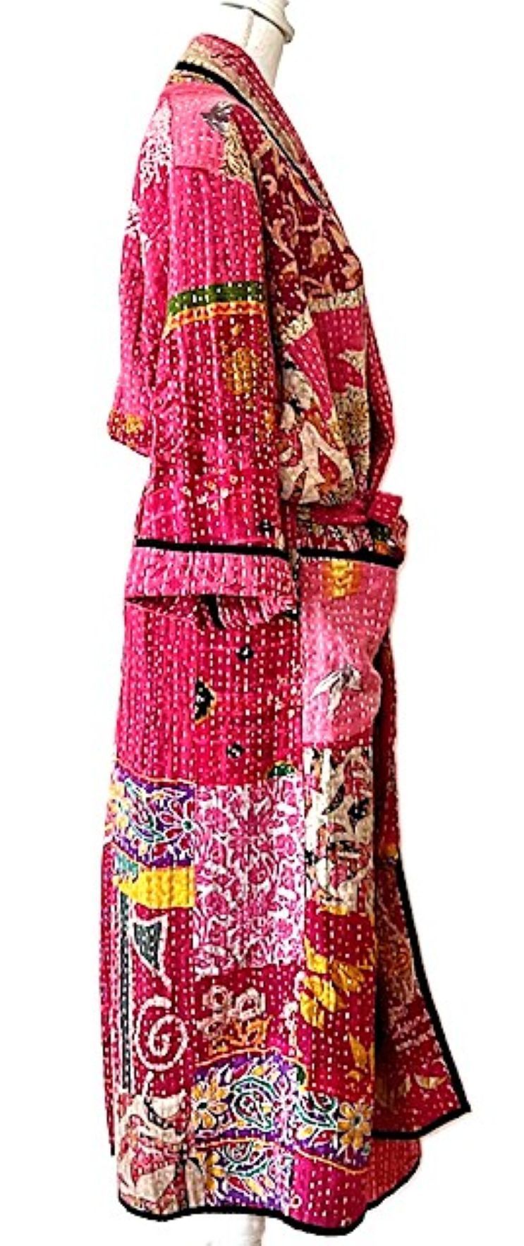 Long Patchwork Cotton Kimono With Kantha Embroidery. Pink