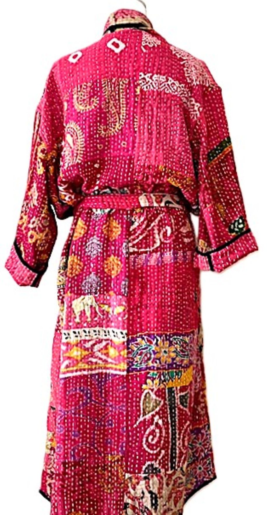 Long Patchwork Cotton Kimono With Kantha Embroidery. Pink