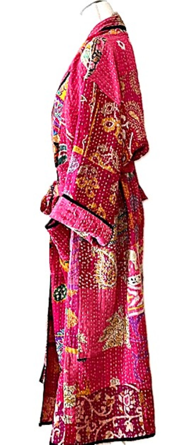 Long Patchwork Cotton Kimono With Kantha Embroidery. Pink
