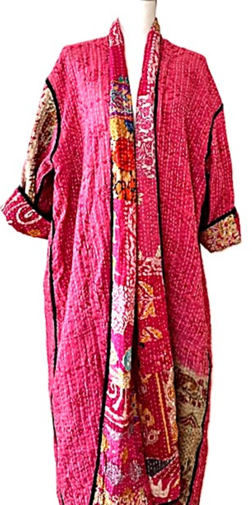 Long Patchwork Cotton Kimono With Kantha Embroidery. Pink