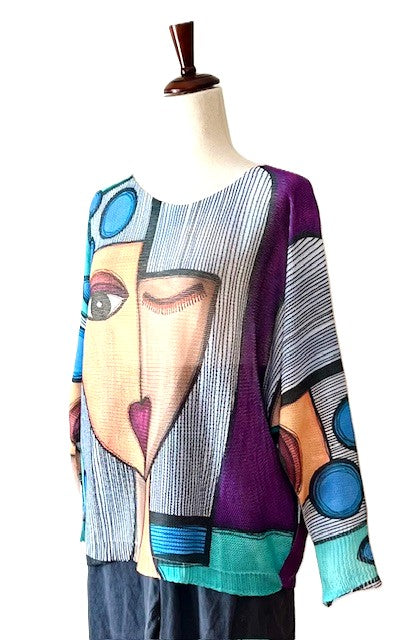 Italian Knit Sweater, Picasso. Bold Colors. (Blue)
