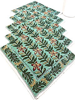 Block Print Bordered Dinner Napkins In A Beautiful Floral Print (Aqua Mint)