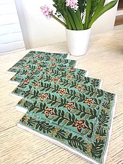 Block Print Bordered Dinner Napkins In A Beautiful Floral Print (Aqua Mint)