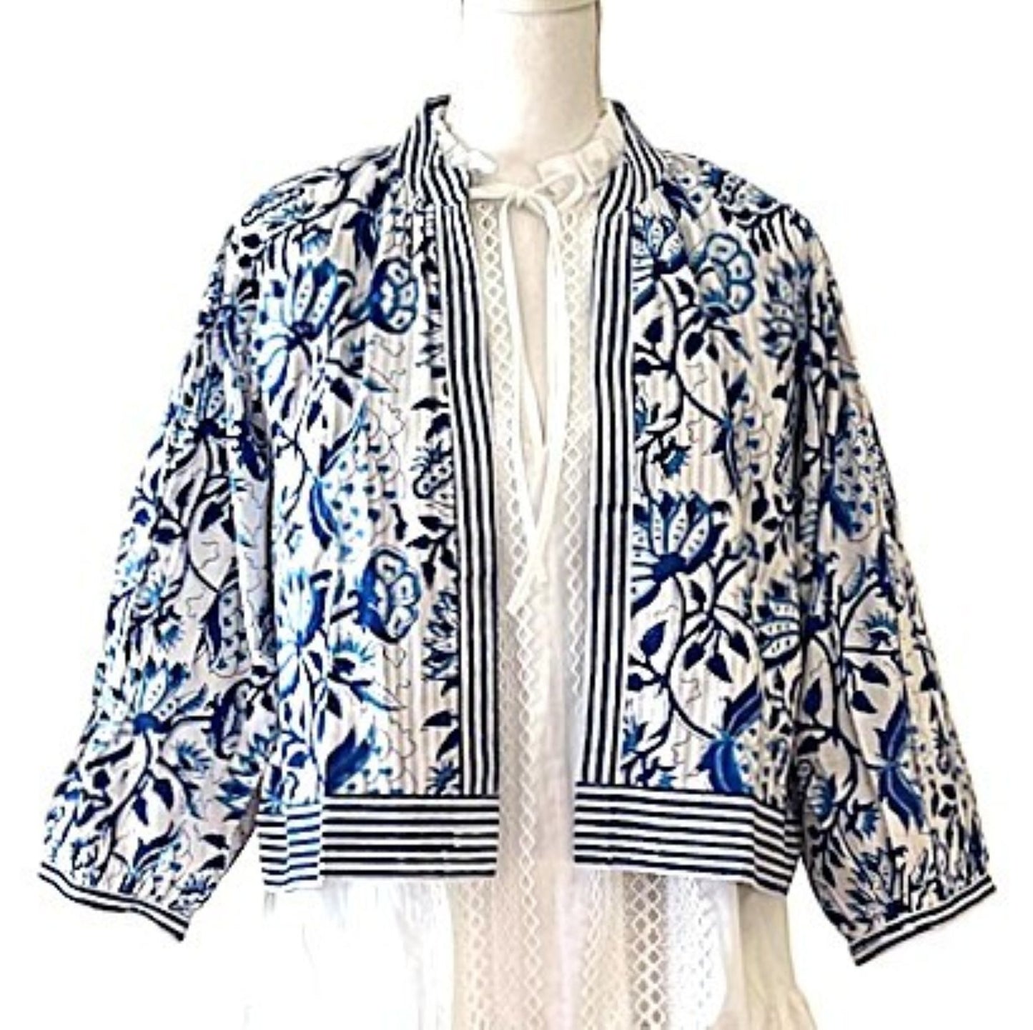 Designer Floral Jacket With Impressive Engineered Borders. Fully Reversible. (Blue)