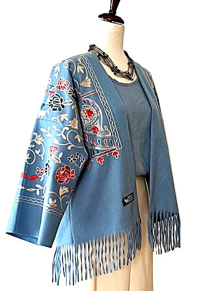 Jacket, Luxury At It's Finest. Cashmere Suzani Embroidered Jacket With Fringe. Artisan(Aqua)