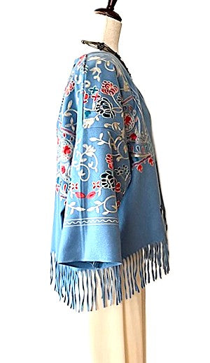 Jacket, Luxury At It's Finest. Cashmere Suzani Embroidered Jacket With Fringe. Artisan(Aqua)
