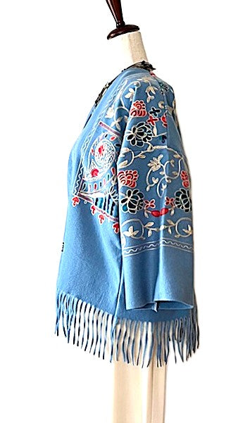 Jacket, Luxury At It's Finest. Cashmere Suzani Embroidered Jacket With Fringe. Artisan(Aqua)