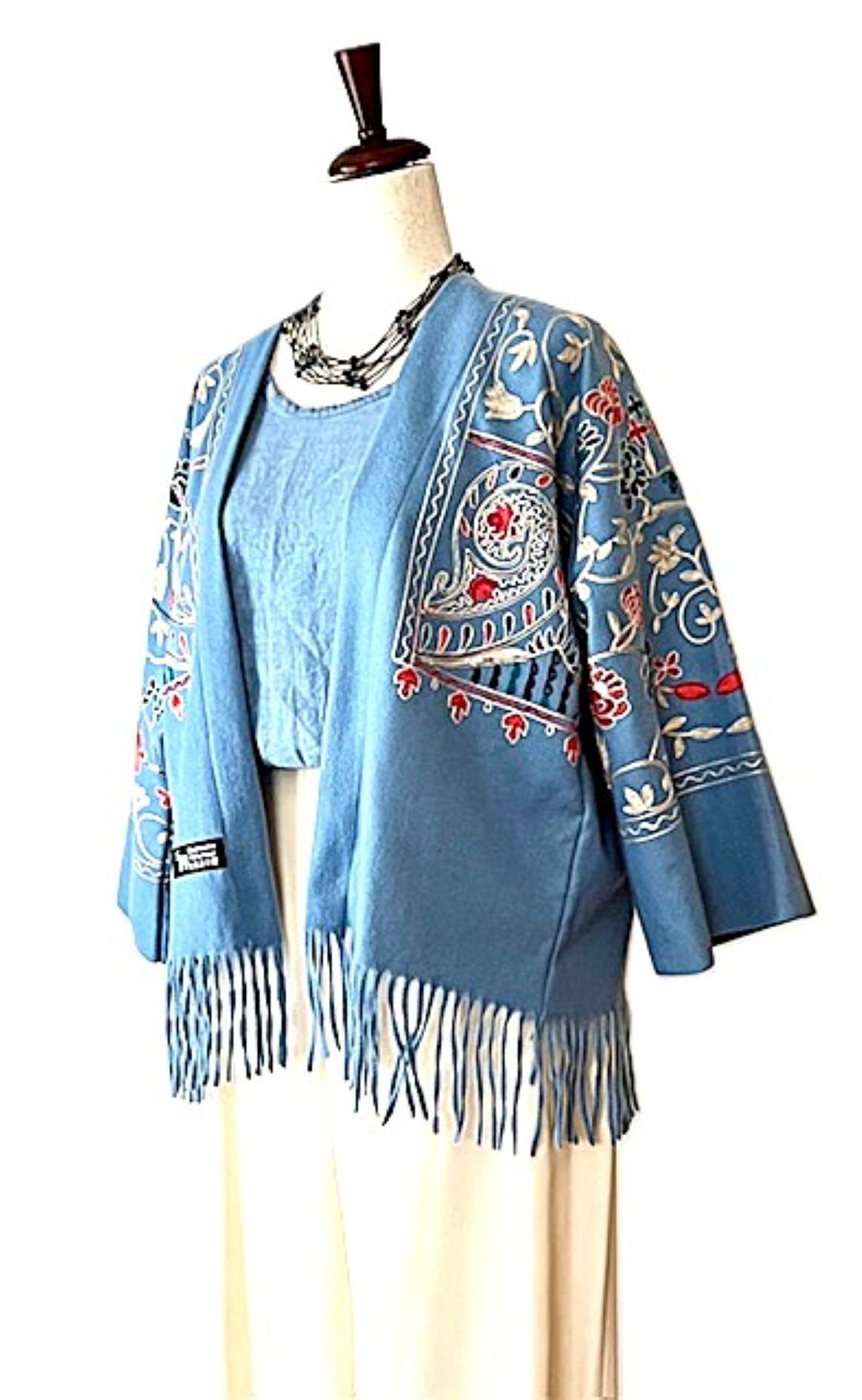 Jacket, Luxury At It's Finest. Cashmere Suzani Embroidered Jacket With Fringe. Artisan(Aqua)
