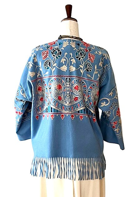Jacket, Luxury At It's Finest. Cashmere Suzani Embroidered Jacket With Fringe. Artisan(Aqua)