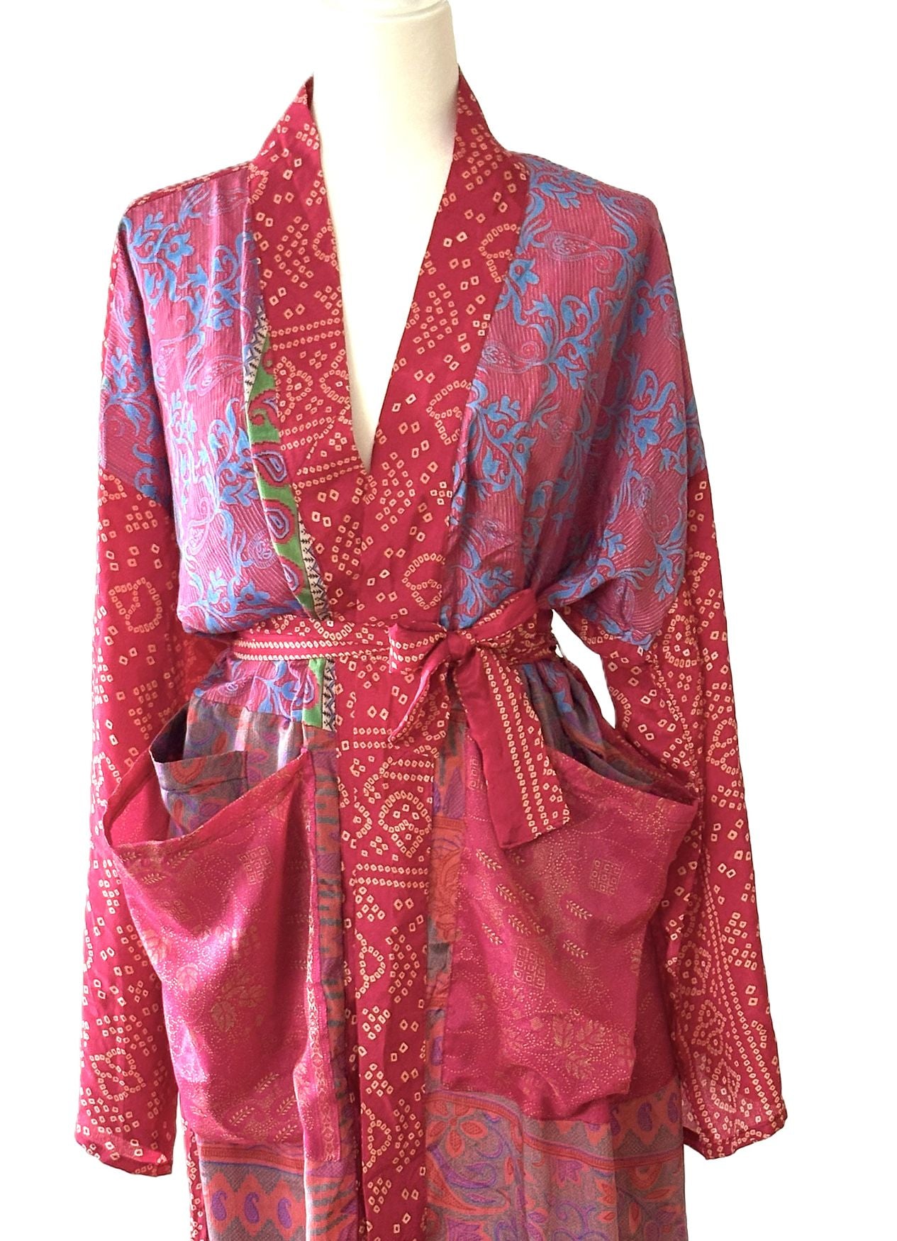 Kantha Bae Rasgulla Sari Serenity Kimono, Colorful Beauty.(Fuschia)