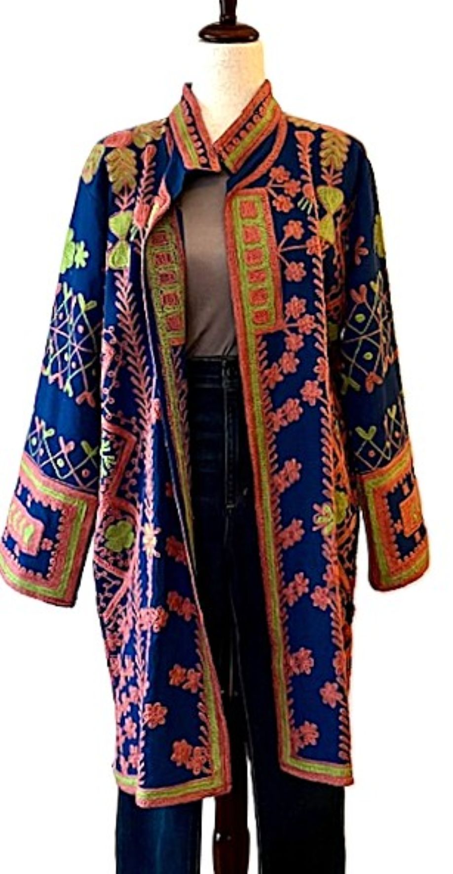 Jacket - Long Velvet Bohemian Embroidered Coat, Multicolored, Handstitched. A Favorite. (Navy)