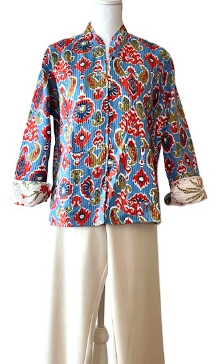 Best Seller: Fully Reversible Luxe Cotton Quilted Jacket. (Ikat Print)