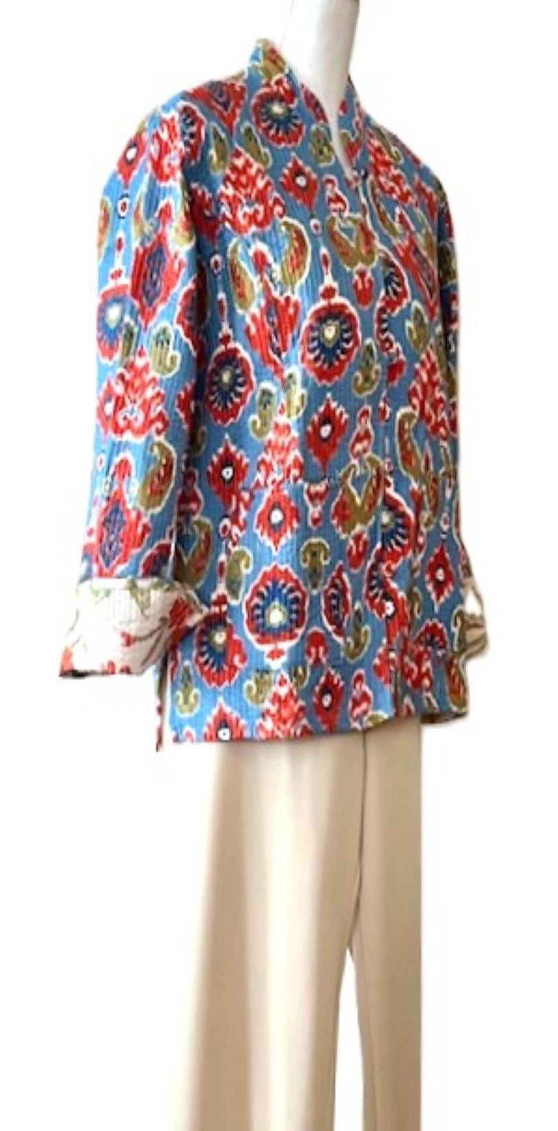Best Seller: Fully Reversible Luxe Cotton Quilted Jacket. (Ikat Print)