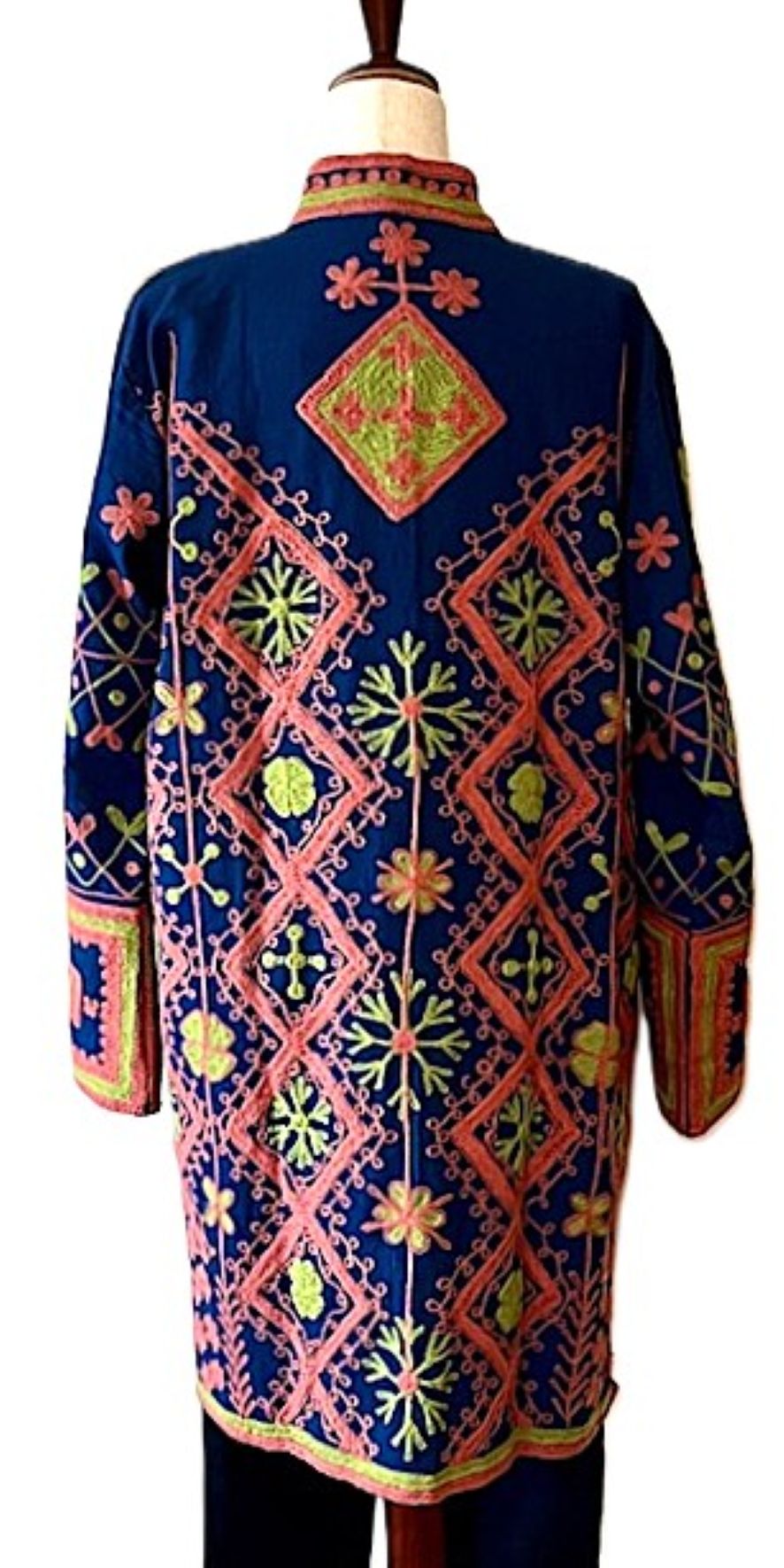 Jacket - Long Velvet Bohemian Embroidered Coat, Multicolored, Handstitched. A Favorite. (Navy)