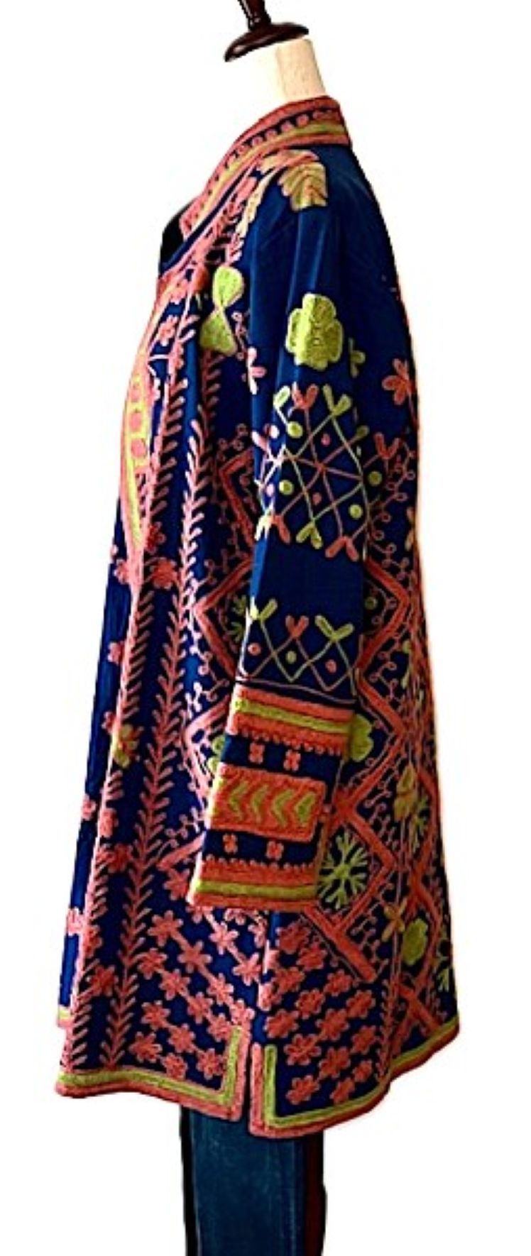 Jacket - Long Velvet Bohemian Embroidered Coat, Multicolored, Handstitched. A Favorite. (Navy)