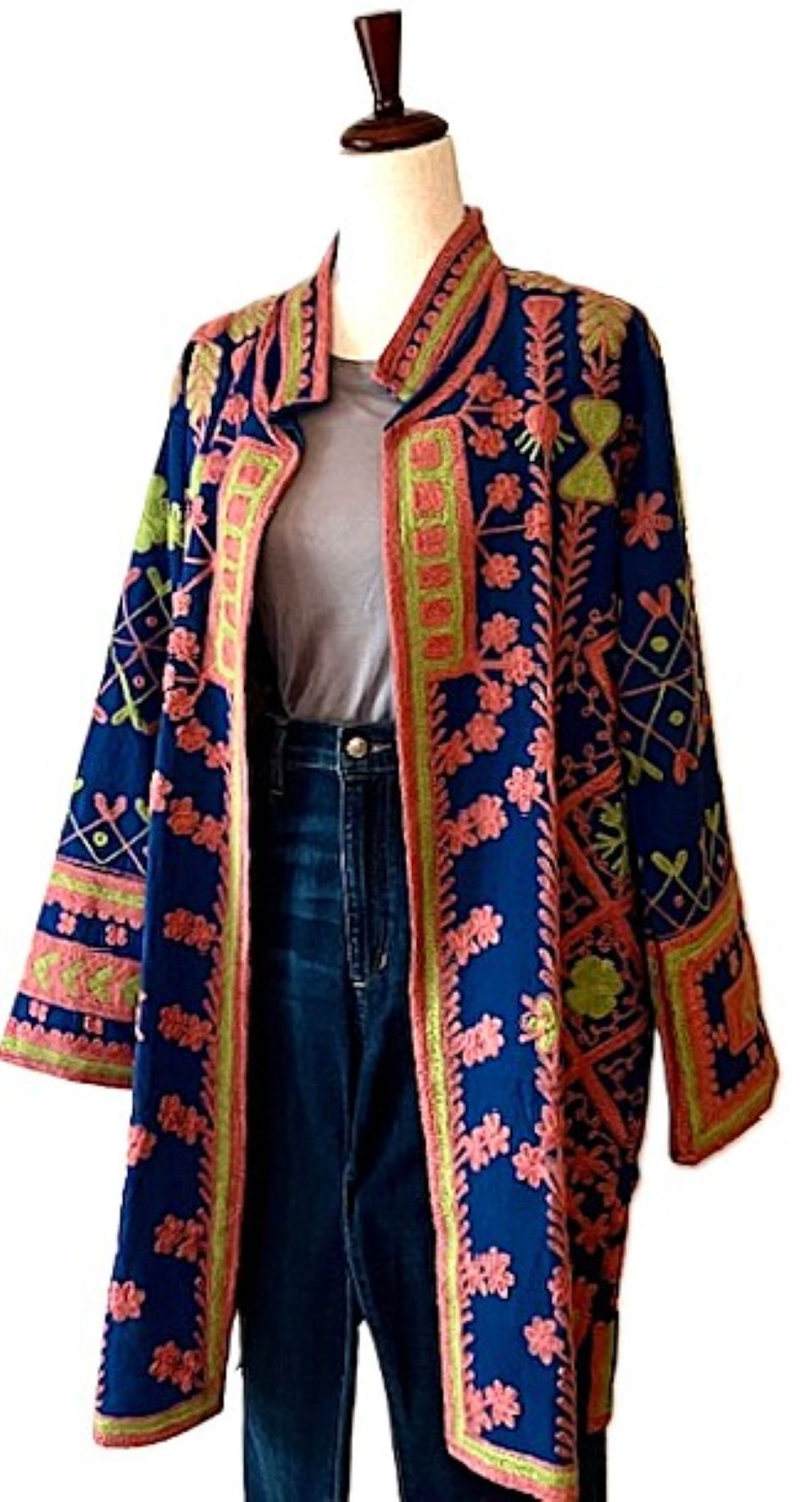 Jacket - Long Velvet Bohemian Embroidered Coat, Multicolored, Handstitched. A Favorite. (Navy)