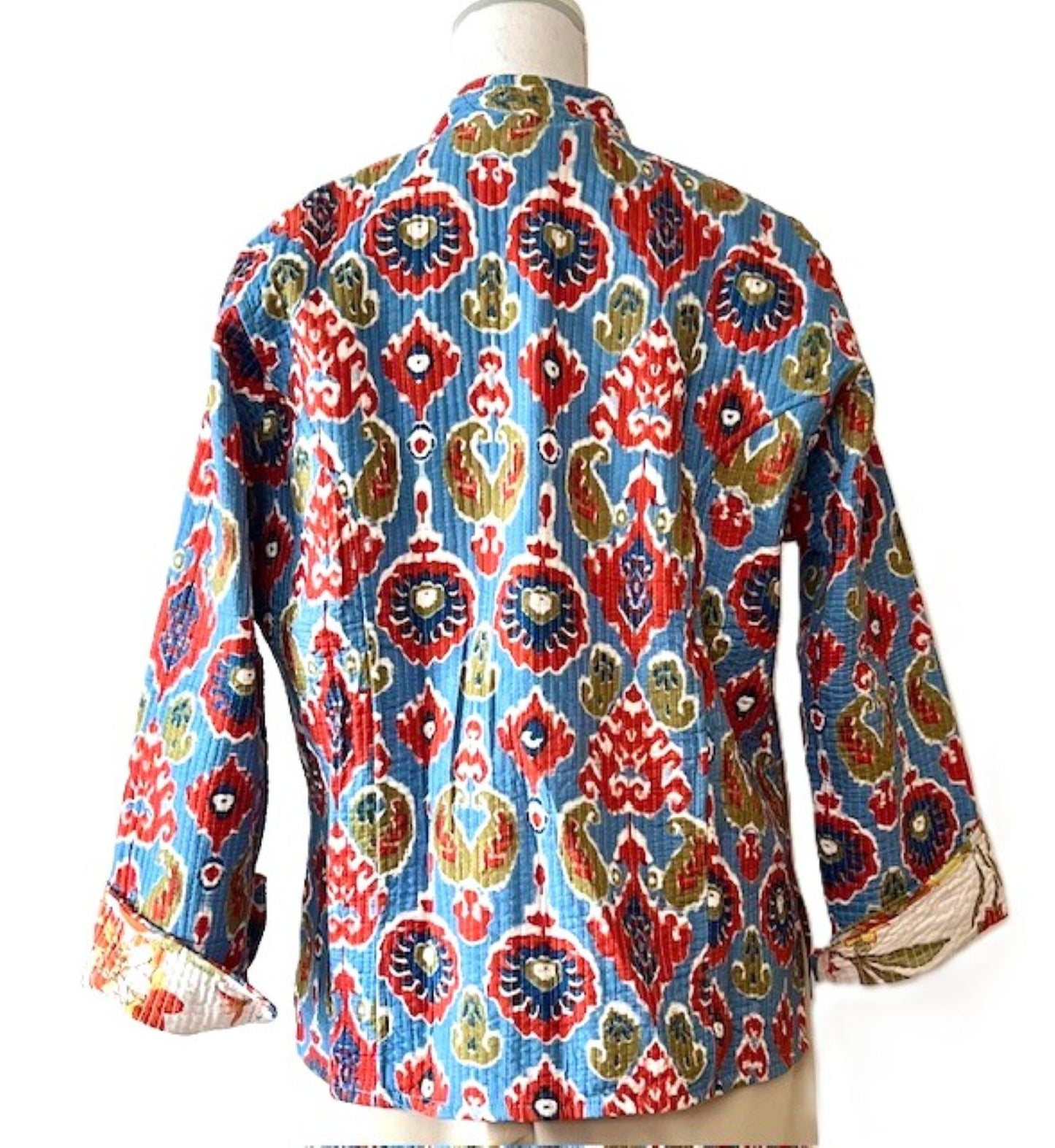Best Seller: Fully Reversible Luxe Cotton Quilted Jacket. (Ikat Print)
