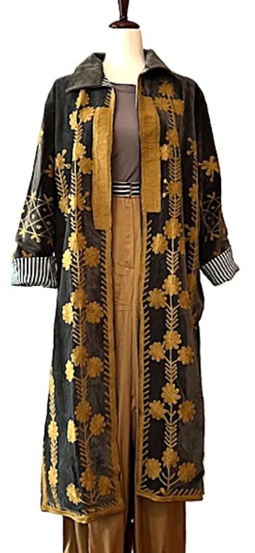 Jacket - Long Velvet Bohemian Embroidered Coat, Handstitched. A Favorite. (Black)