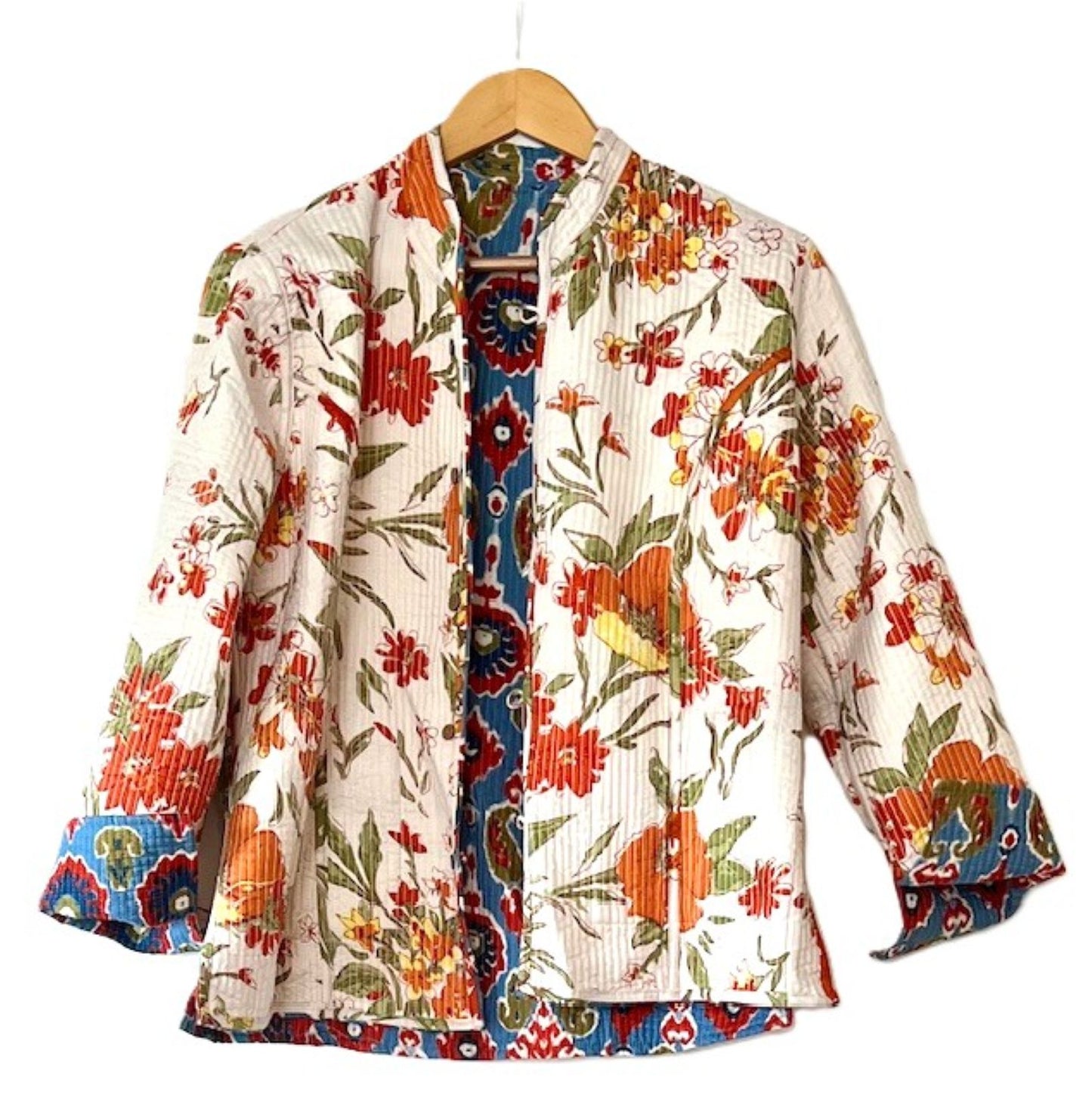Best Seller: Fully Reversible Luxe Cotton Quilted Jacket. (Ikat Print)