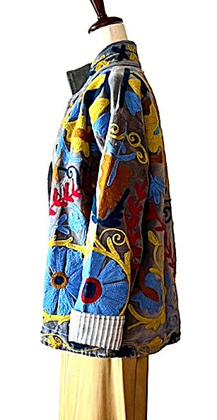 Jacket, Handmade Suzani Velvet Fully Reversible Jacket: Embroidered Folk Art (Gray)