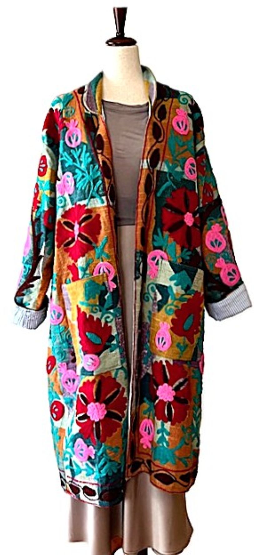 Jacket: Long Embroidered Colorful Suzani Top Coat. (Multi Colored)