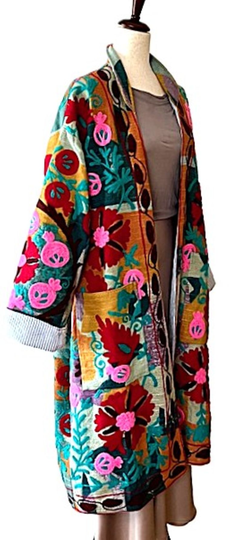 Jacket: Long Embroidered Colorful Suzani Top Coat. (Multi Colored)