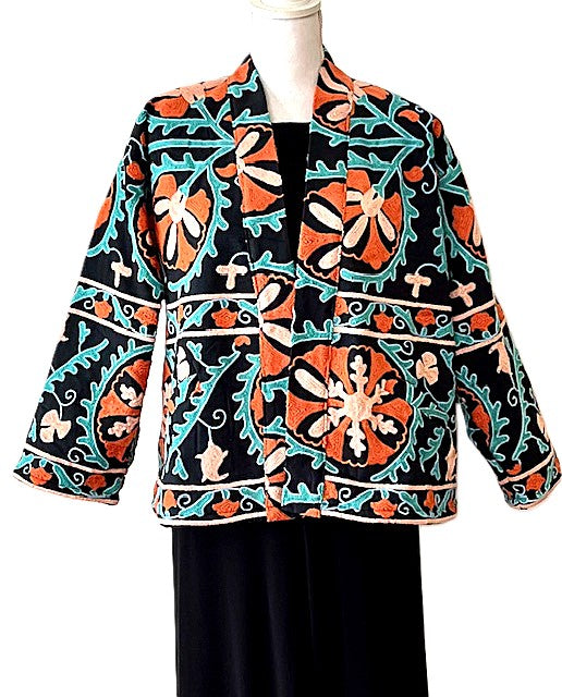 Jacket - Short Box Cut Suzani Hand Embroidered Boho Jacket. (Black)