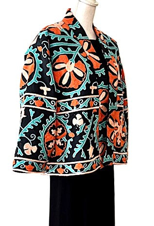 Jacket - Short Box Cut Suzani Hand Embroidered Boho Jacket. (Black)