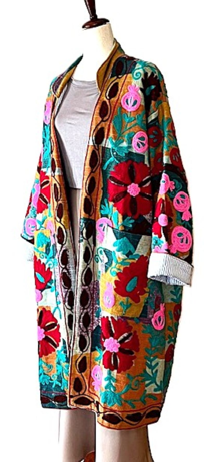 Jacket: Long Embroidered Colorful Suzani Top Coat. (Multi Colored)
