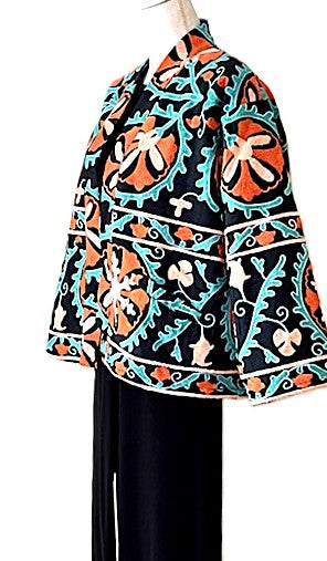 Jacket - Short Box Cut Suzani Hand Embroidered Boho Jacket. (Black)