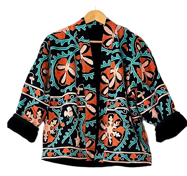 Jacket - Short Box Cut Suzani Hand Embroidered Boho Jacket. (Black)